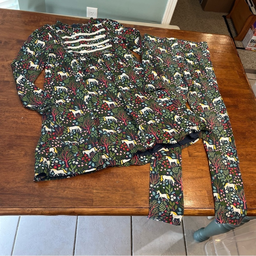 Mini Boden Navy Magical Forest Unicorn Print dress leggings size 12-14 navy